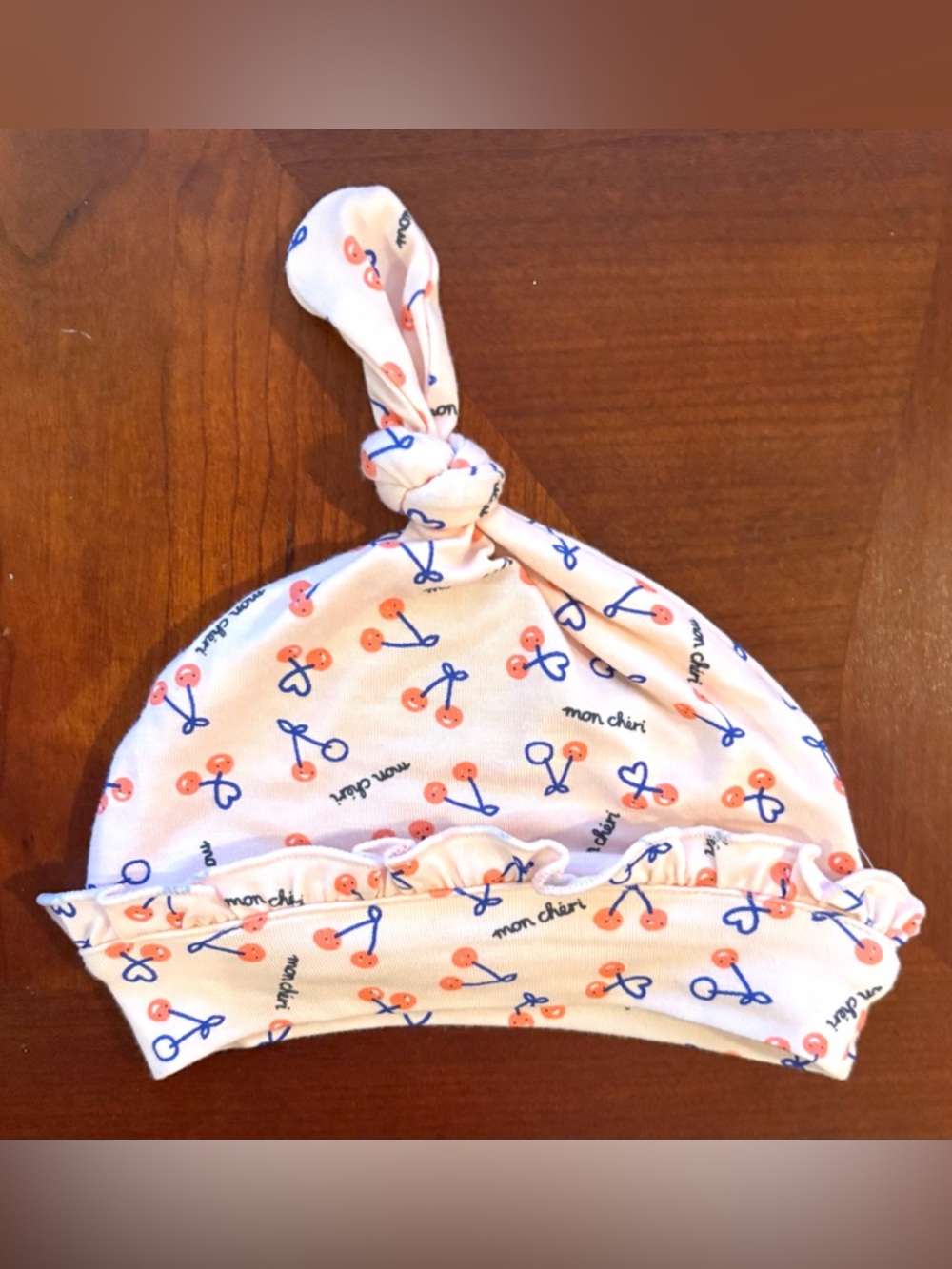 NWT, ‘Mon Cheri’ Knotted Baby Hat with Ruffles, Pink Cherry Print, Size 0-3mo